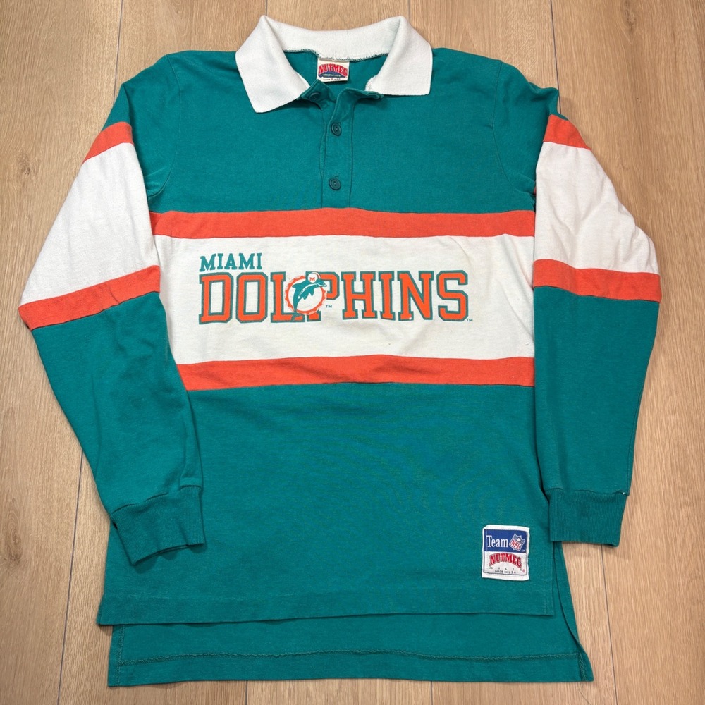Vintage Nutmeg Miami Dolphins NFL Rugby Polo Shirt Medium Teal Colorblock 90s